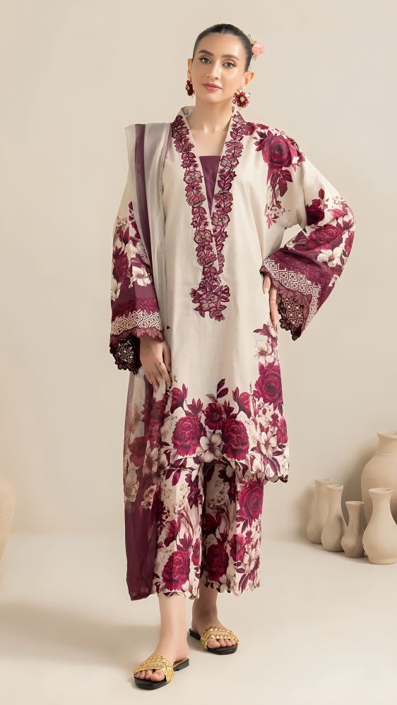 Fashion – 3Pc Unstitched Silk Suit with Digital Print Front & Back
