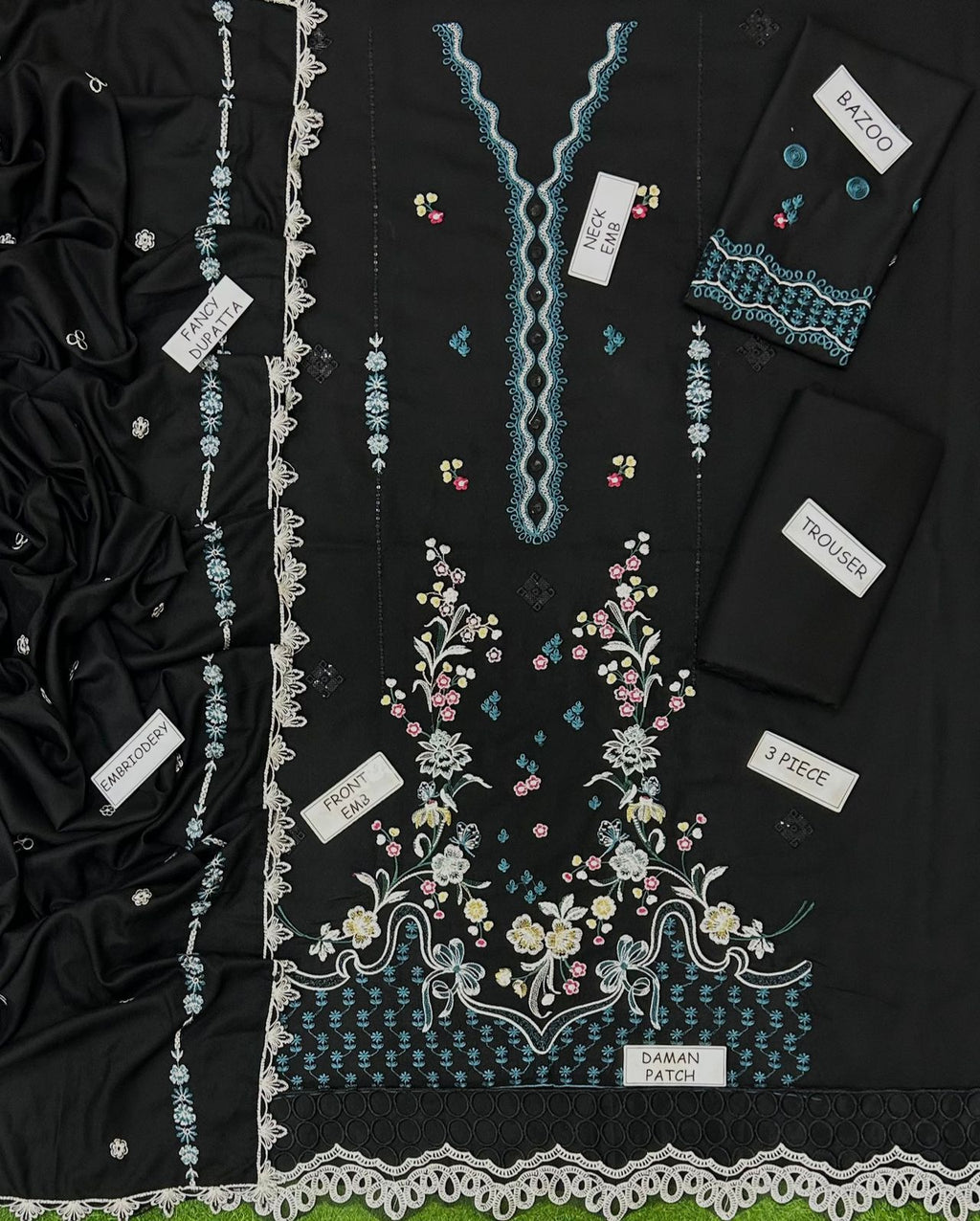 Classic Wear– 3Pc Unstitched Dhank Suit with Heavy Embroidery & Plain Back