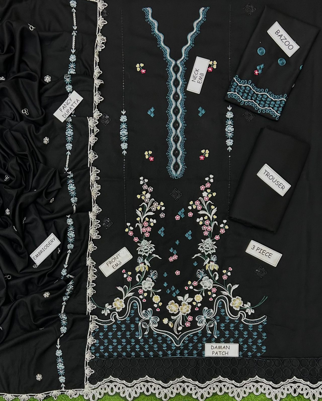 Classic Wear– 3Pc Unstitched Dhank Suit with Heavy Embroidery & Plain Back