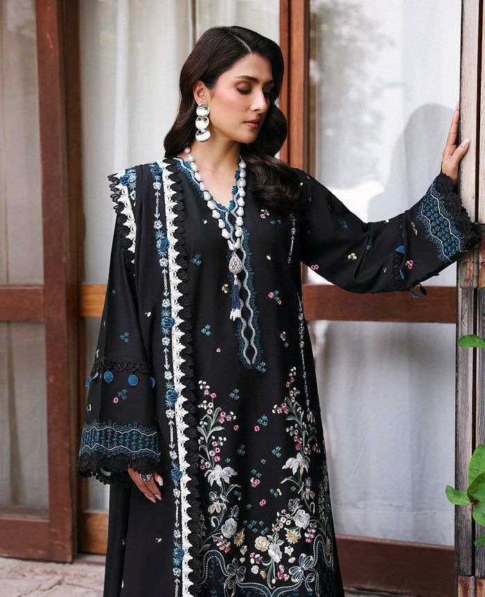 Classic Wear– 3Pc Unstitched Dhank Suit with Heavy Embroidery & Plain Back