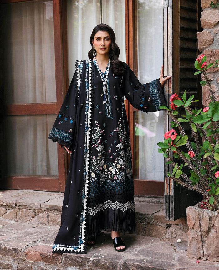 Classic Wear– 3Pc Unstitched Dhank Suit with Heavy Embroidery & Plain Back