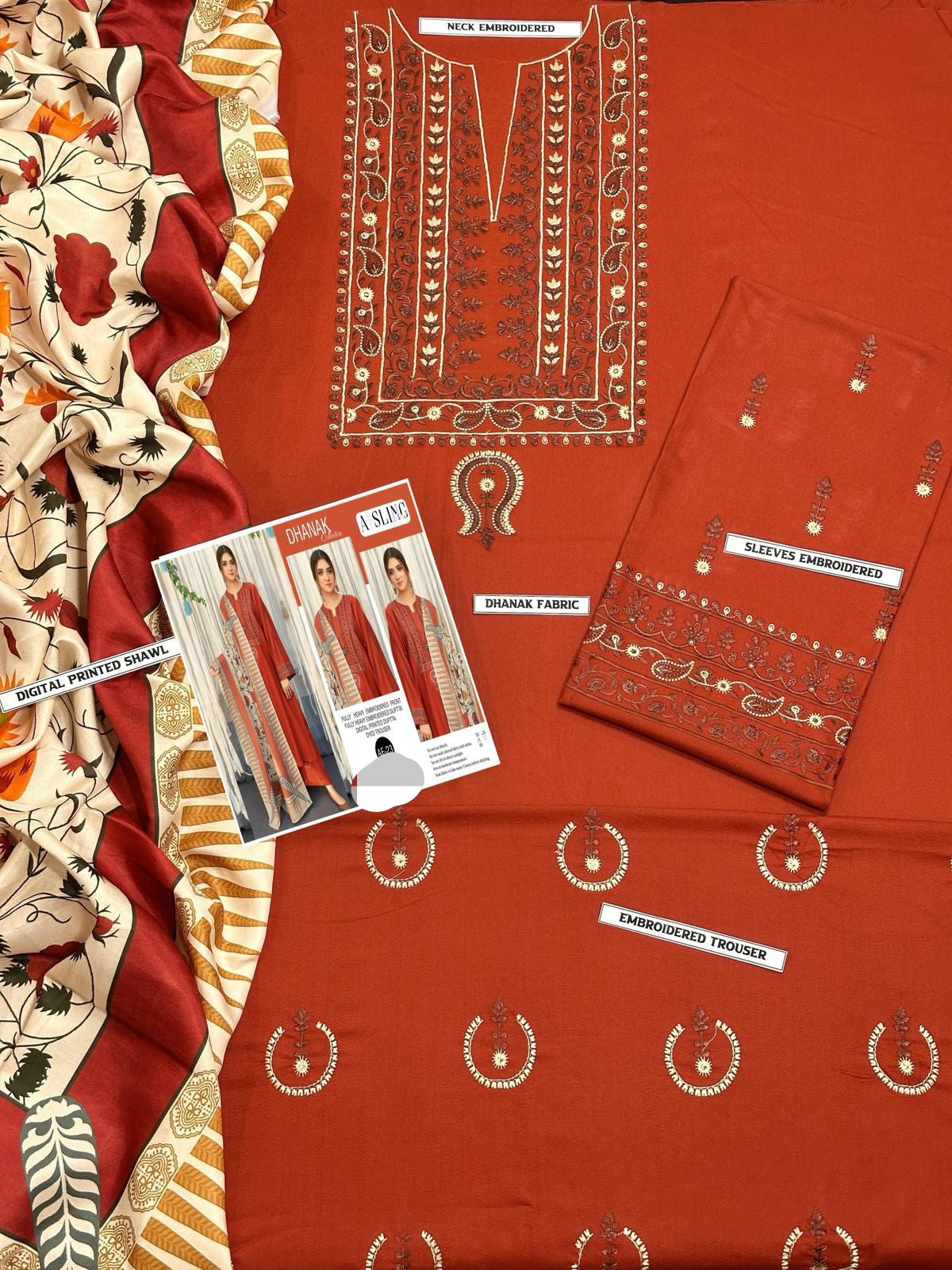 Modern – 3Pc Unstitched Dhank Suit with Embroidered Patches & Digital Printed Shawl