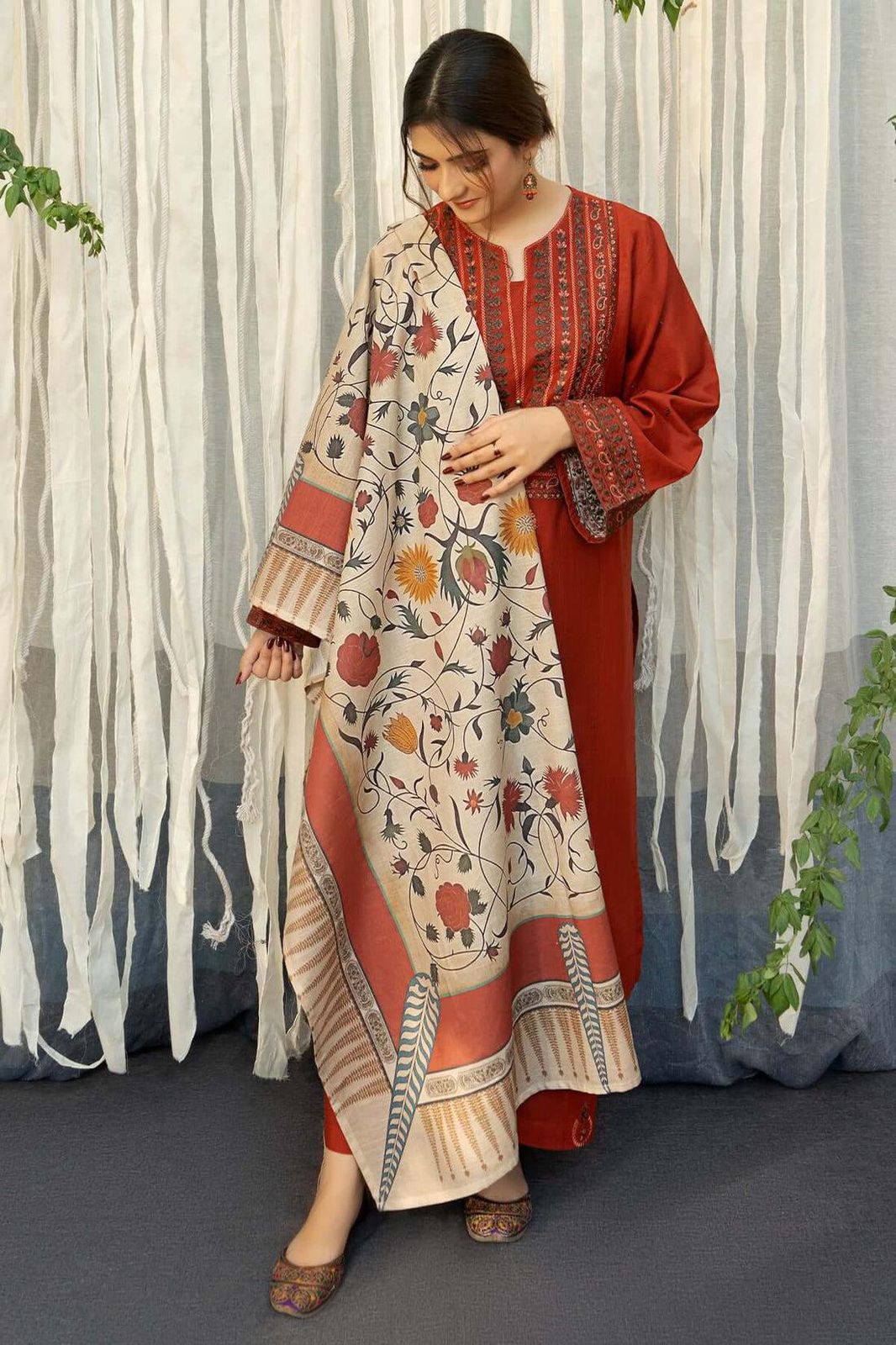 Modern – 3Pc Unstitched Dhank Suit with Embroidered Patches & Digital Printed Shawl