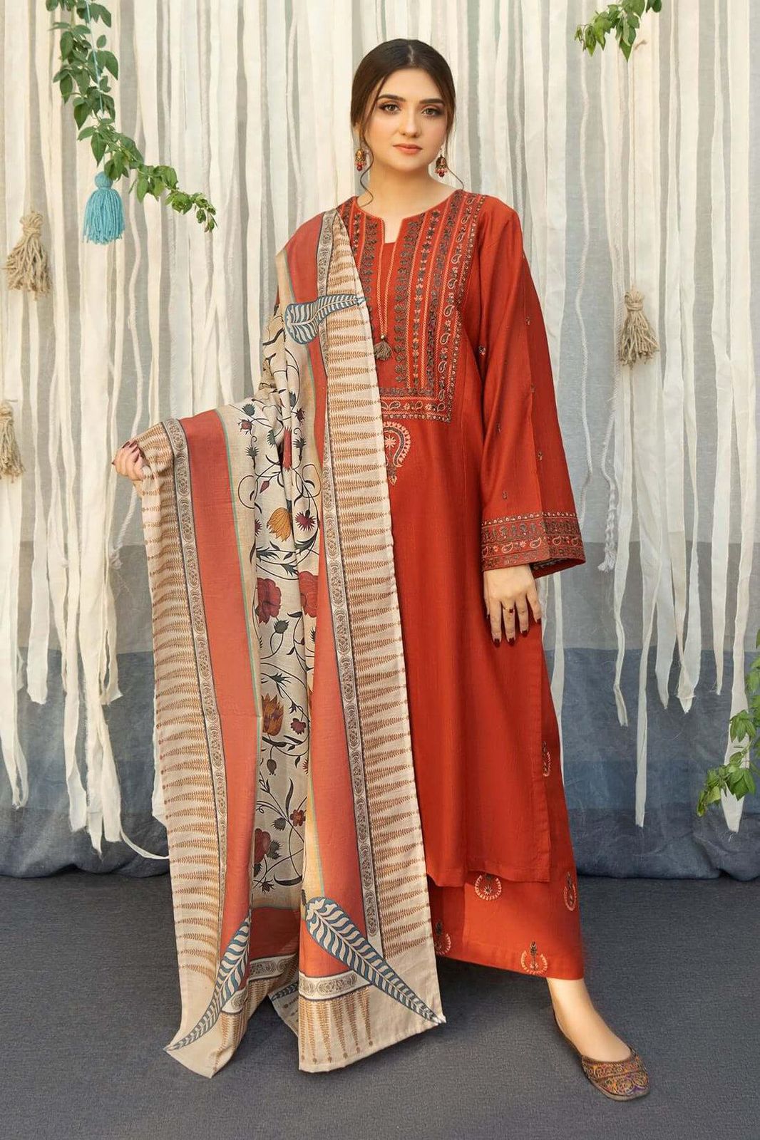 Modern – 3Pc Unstitched Dhank Suit with Embroidered Patches & Digital Printed Shawl