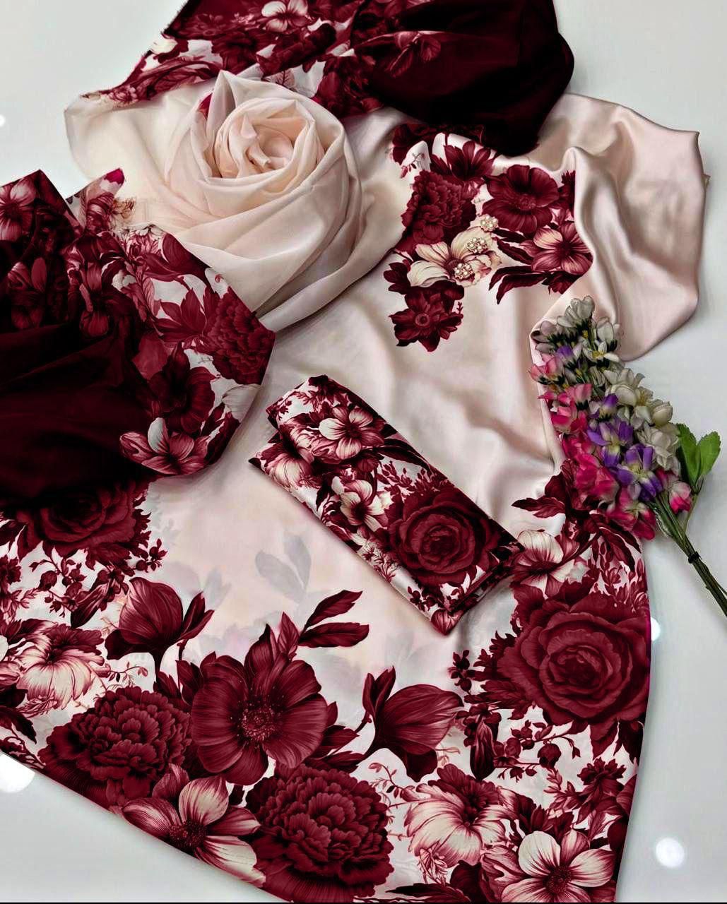 Fashion – 3Pc Unstitched Silk Suit with Digital Print Front & Back