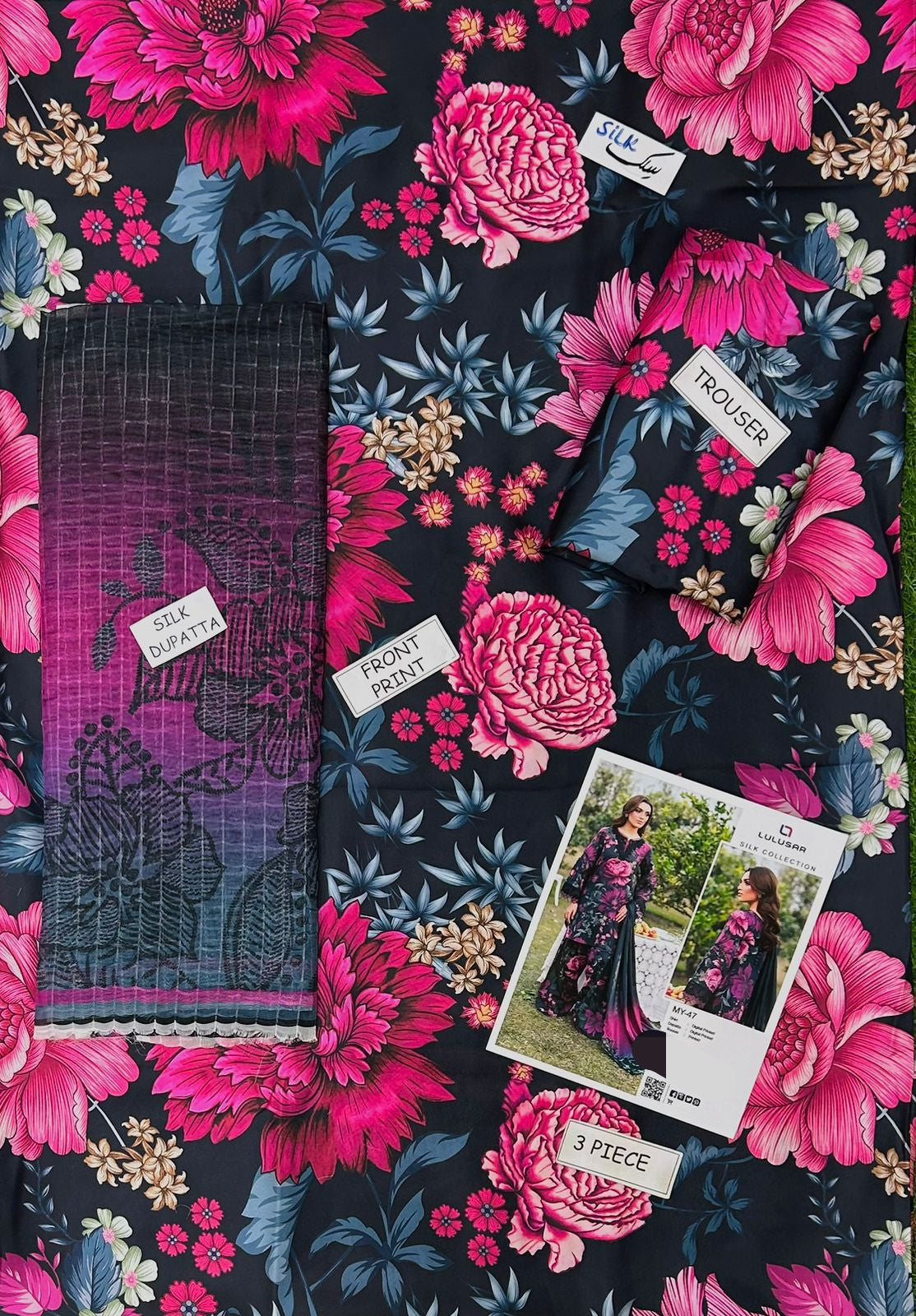 Stylish – 3Pc Unstitched Silk Suit (Digital Print Front, Back, Sleeves, Dupatta)