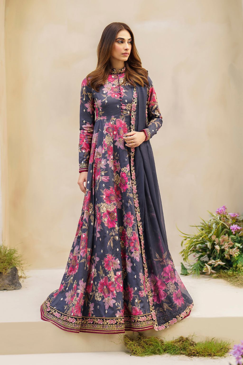 Premium – 3Pc Unstitched Silk Suit with Heavy Embroidery & Digital Print
