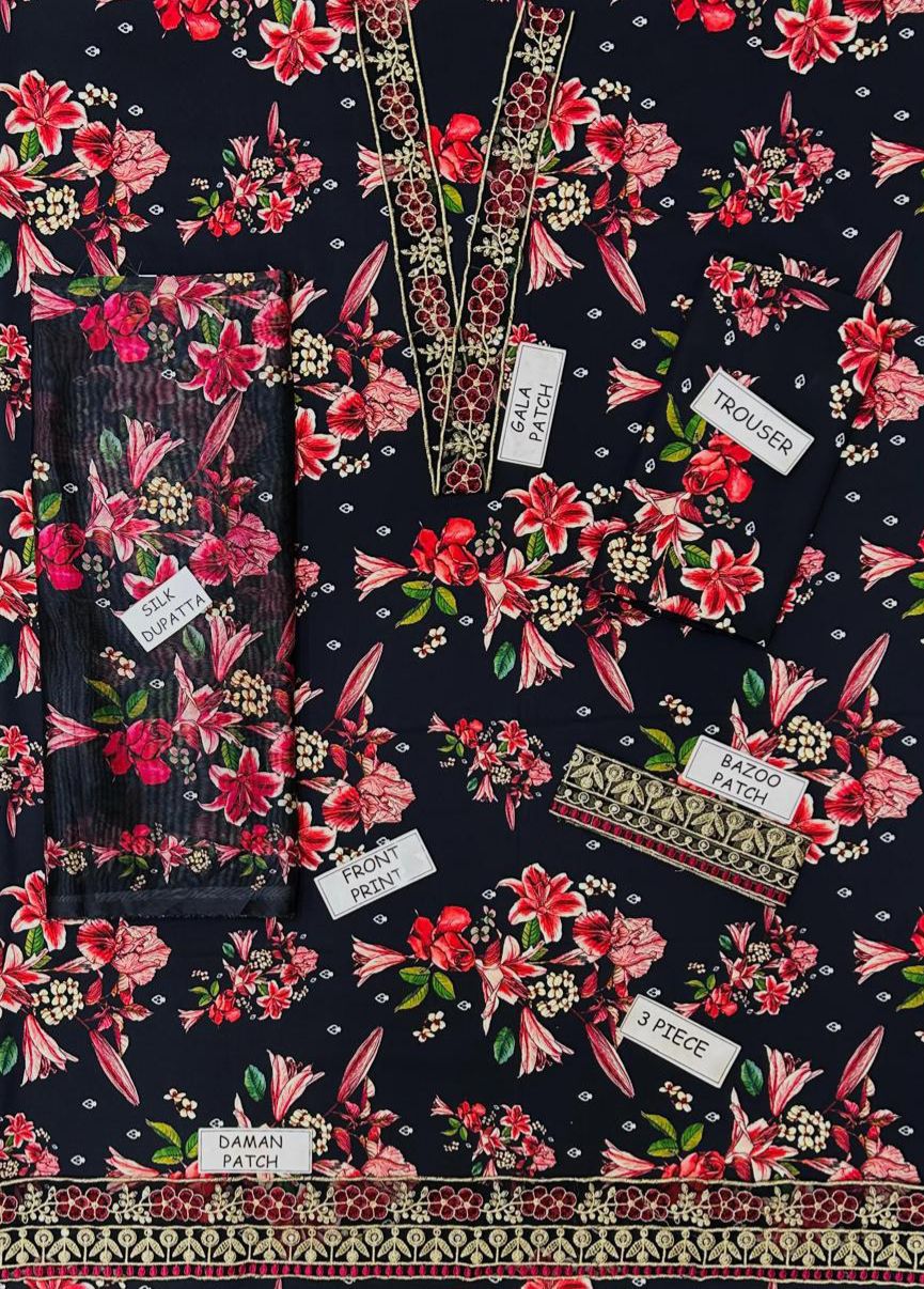 Premium – 3Pc Unstitched Silk Suit with Heavy Embroidery & Digital Print