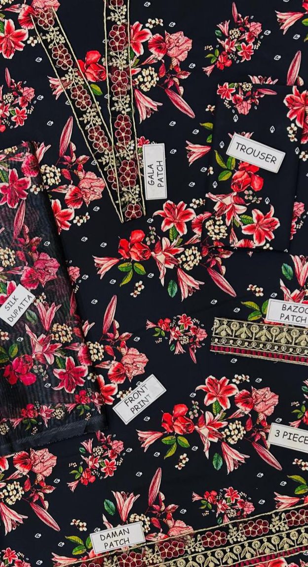 Premium – 3Pc Unstitched Silk Suit with Heavy Embroidery & Digital Print