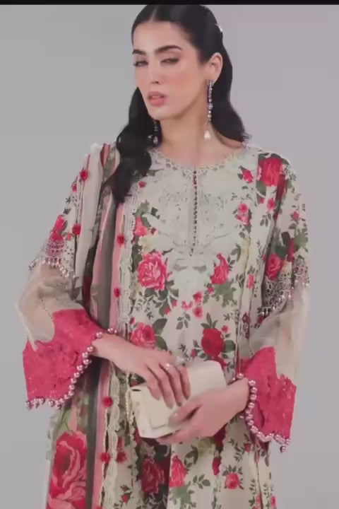 Luxury Edition– 3Pc Unstitched Digital Printed Linen Suit with Embroidered Patches