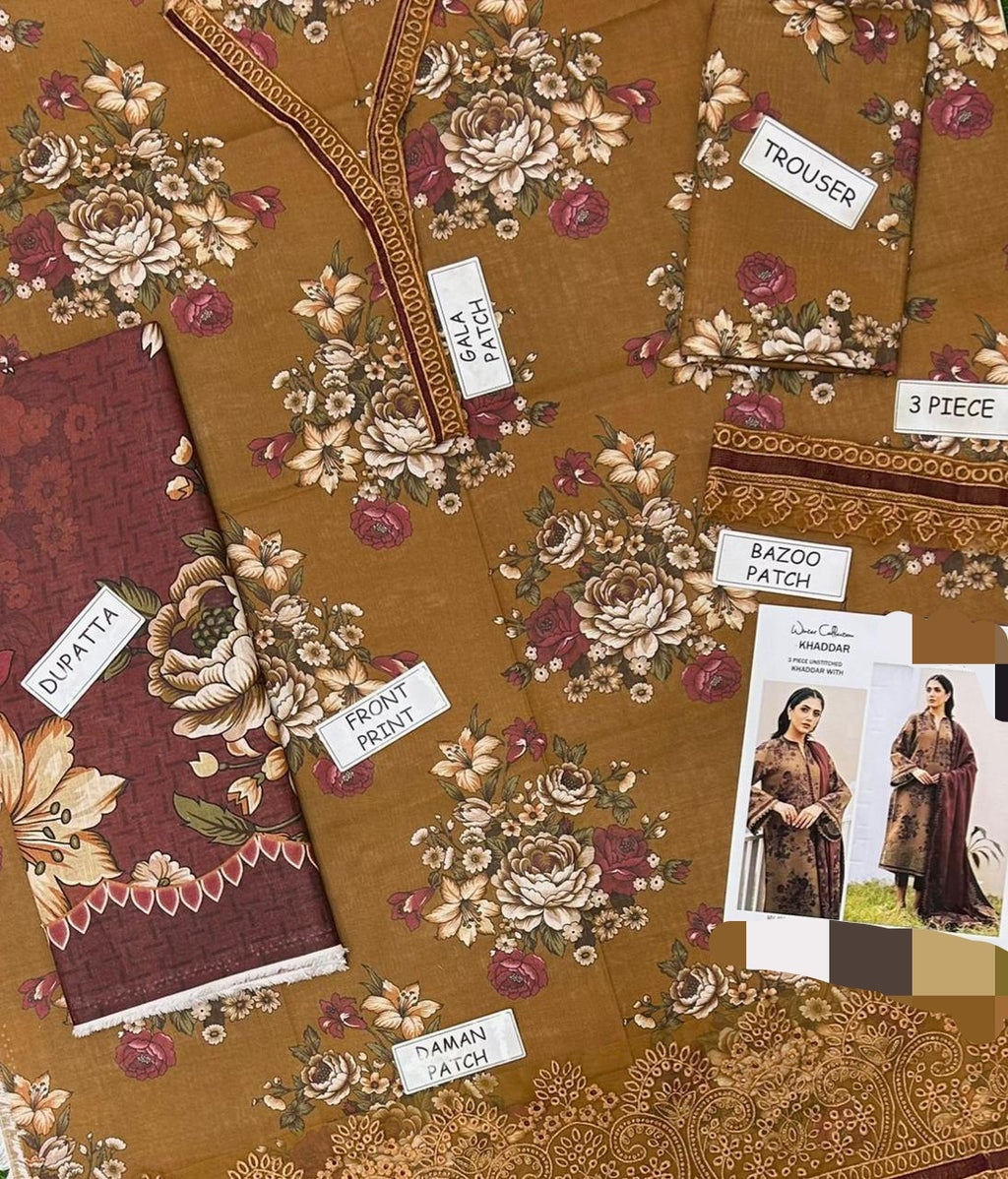 3PC Unstitched Dhank | Heavy Neck & Border Patch | Digital Print