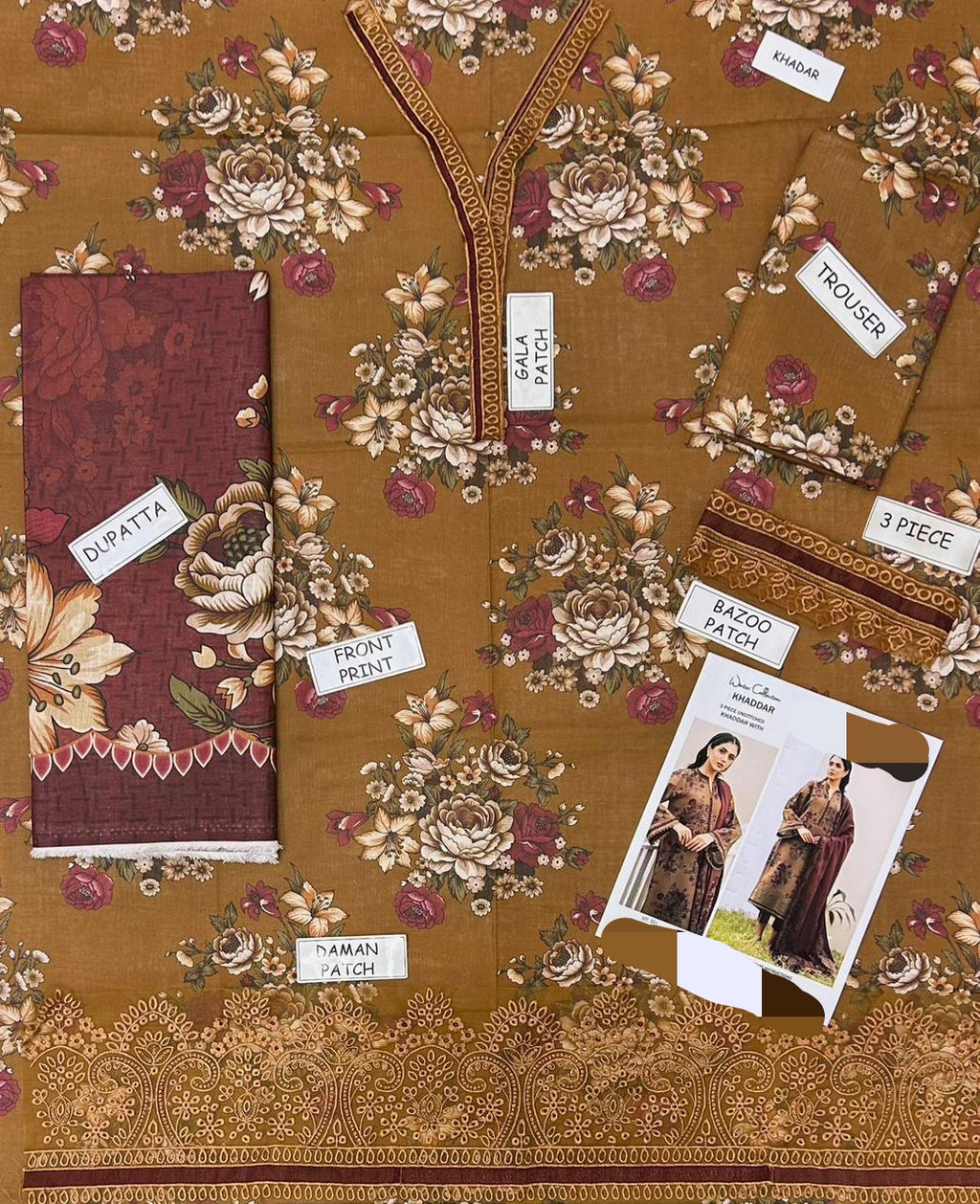 3PC Unstitched Dhank | Heavy Neck & Border Patch | Digital Print