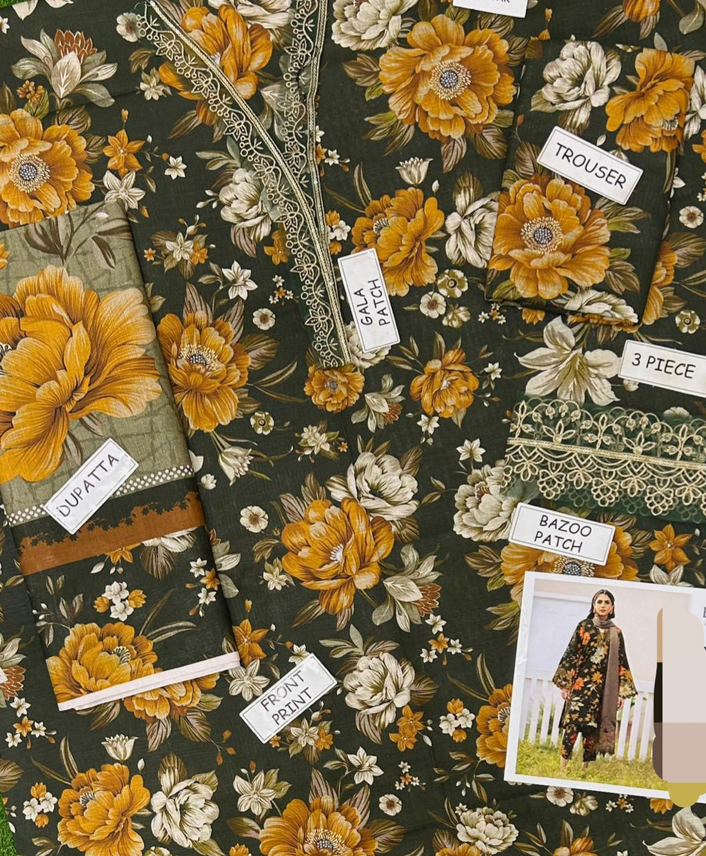 3PC Unstitched Dhank | Heavy Neck Patch | Allover Digital Print