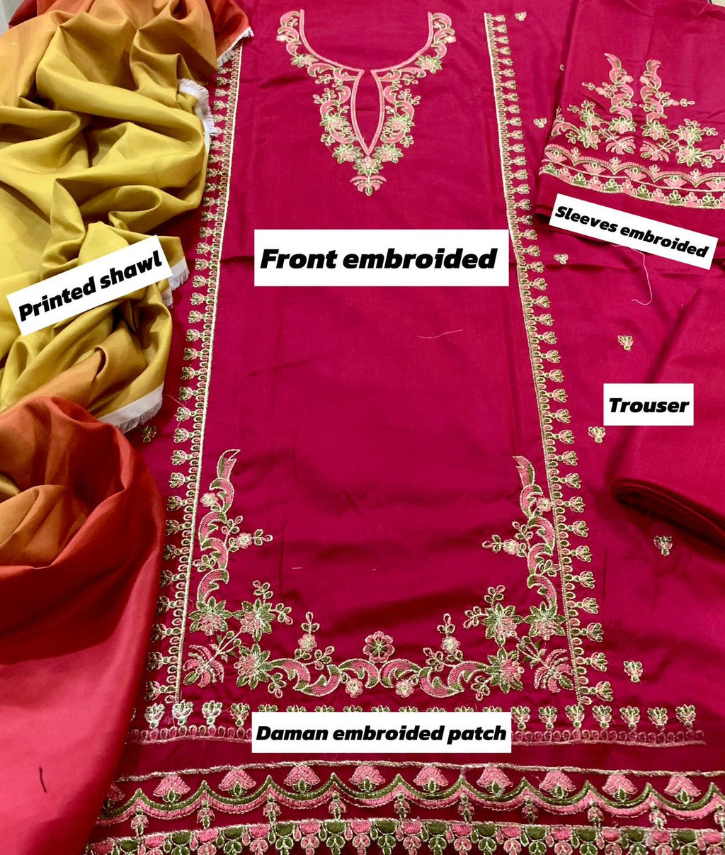 3PC Unstitched Dhank Embroidered Suit with Digital Printed Tie & Dye Shawl