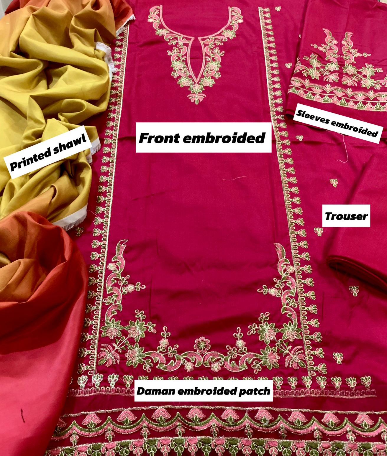3PC Unstitched Dhank Embroidered Suit with Digital Printed Tie & Dye Shawl
