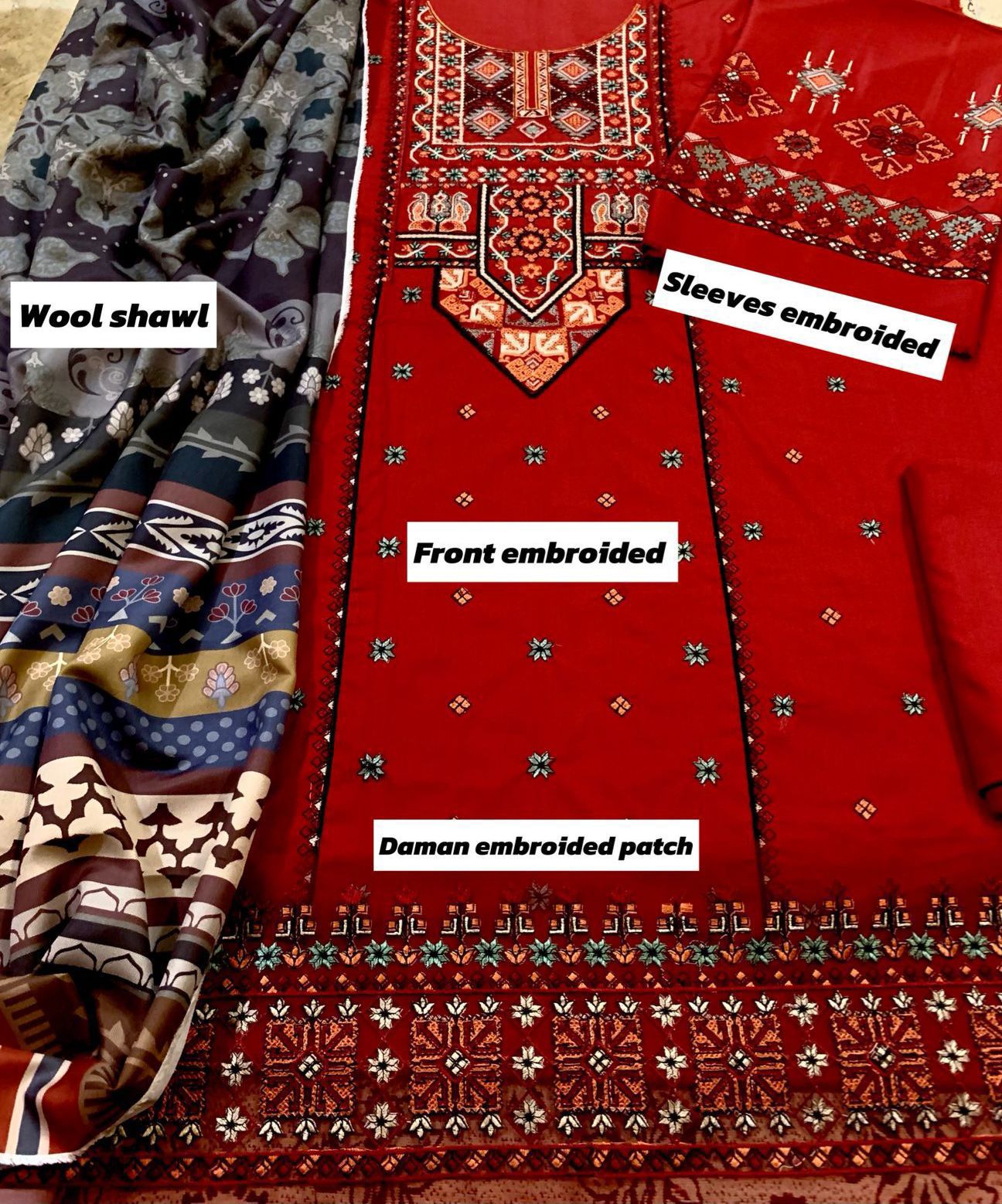 3PC Unstitched Dhank | Embroidered Front & Neck | Printed Shawl