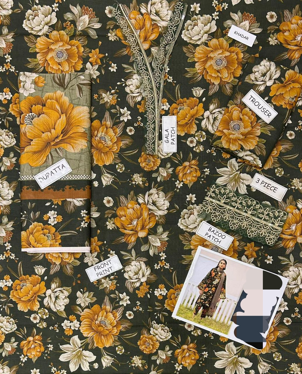 3PC Unstitched Dhank | Heavy Neck Patch | Allover Digital Print