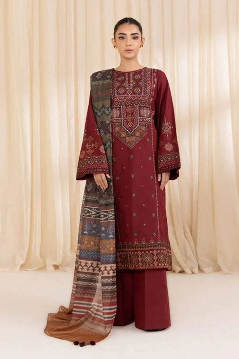 3PC Unstitched Dhank | Embroidered Front & Neck | Printed Shawl